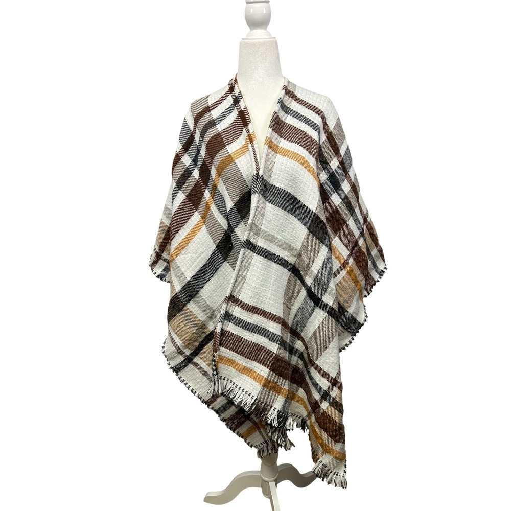 Boho Academic Steve Madden Womens OSFM Brown Plaid Houndstooth Reversible Poncho